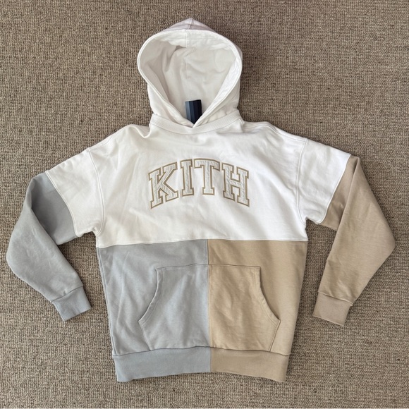 Kith Tops - Kith Unisex Hoodie Colorblock College Sweatshirt in White, Gray, Tan